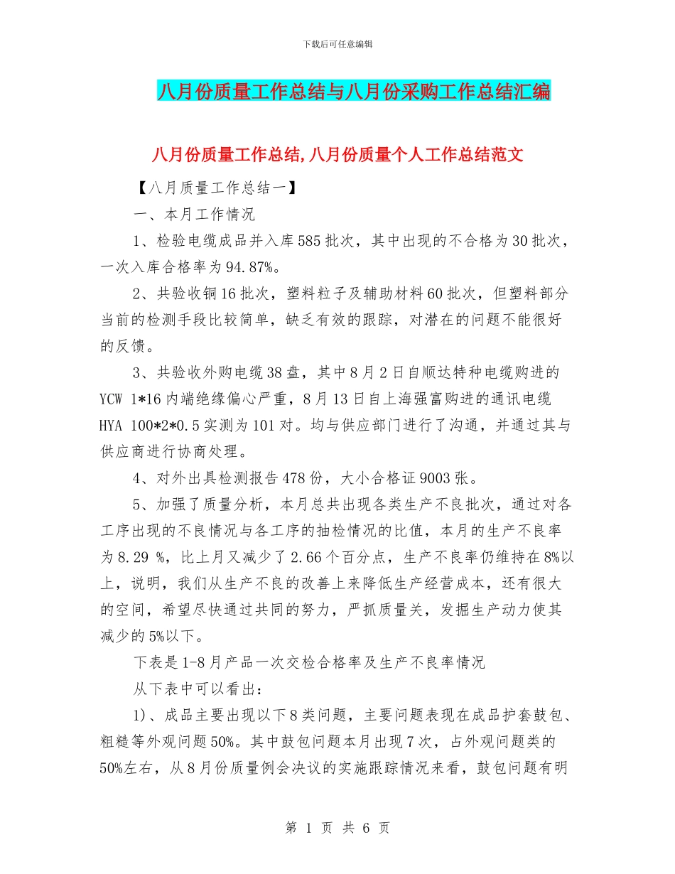 八月份质量工作总结与八月份采购工作总结汇编_第1页