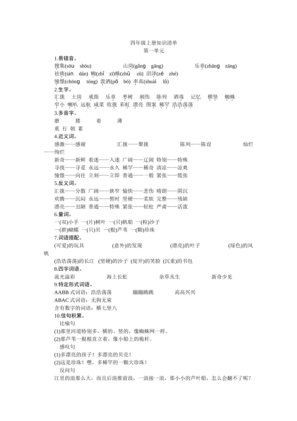 小学语文S版四年级上册知识清单汇总_第1页