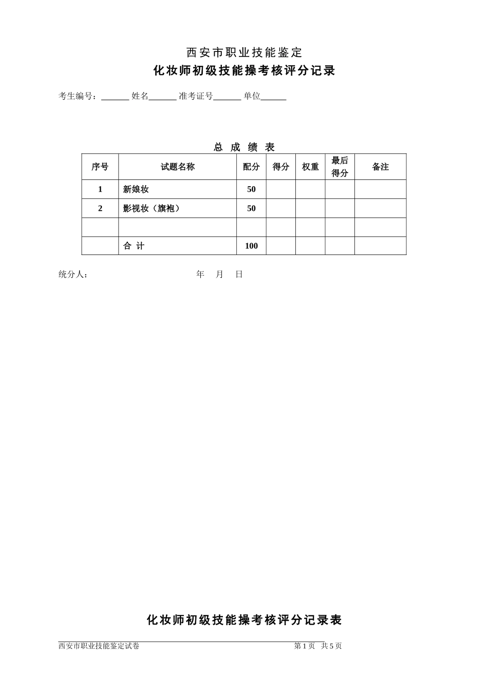 化妆师初级技能操考核评分记录表_第1页