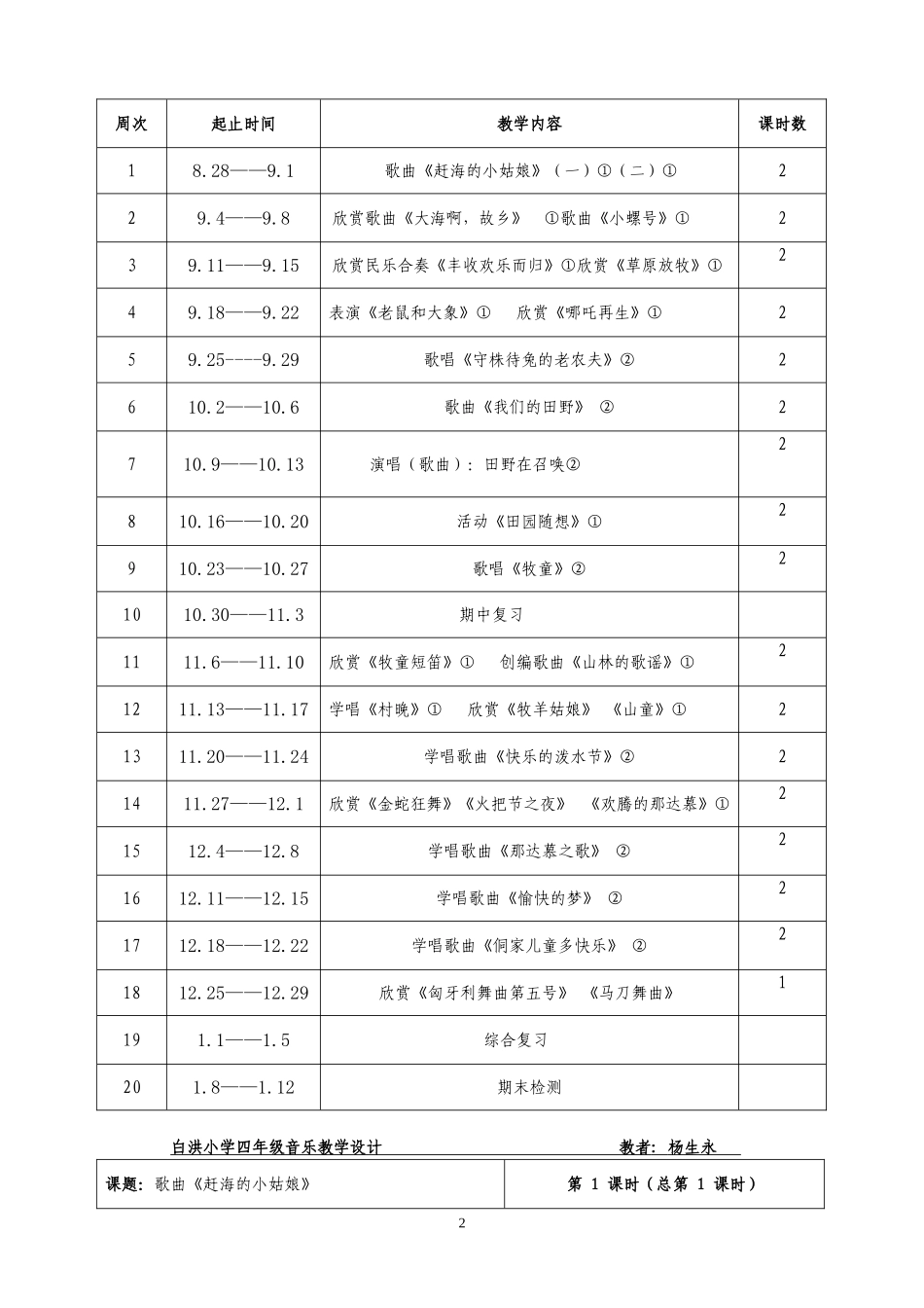 人教版小学四年级上册音乐教案 全册_第2页