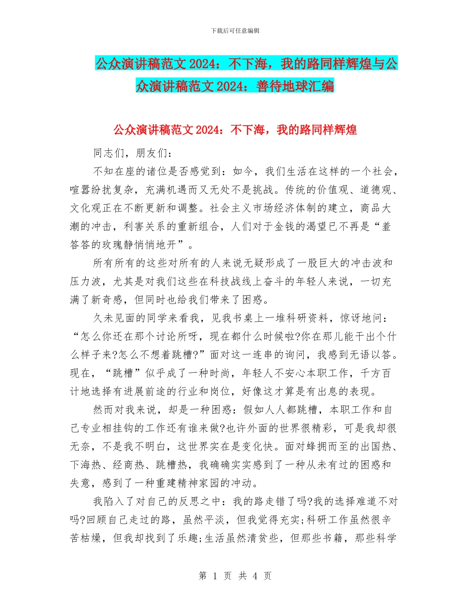 公众演讲稿范文2024：不下海_第1页