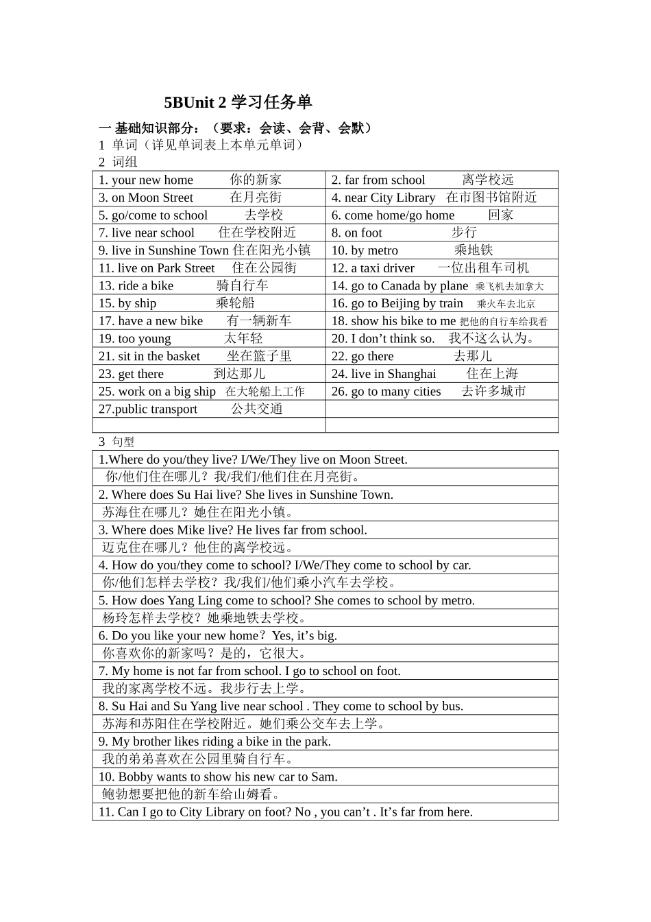 译林英语5B U2学习任务单_第1页
