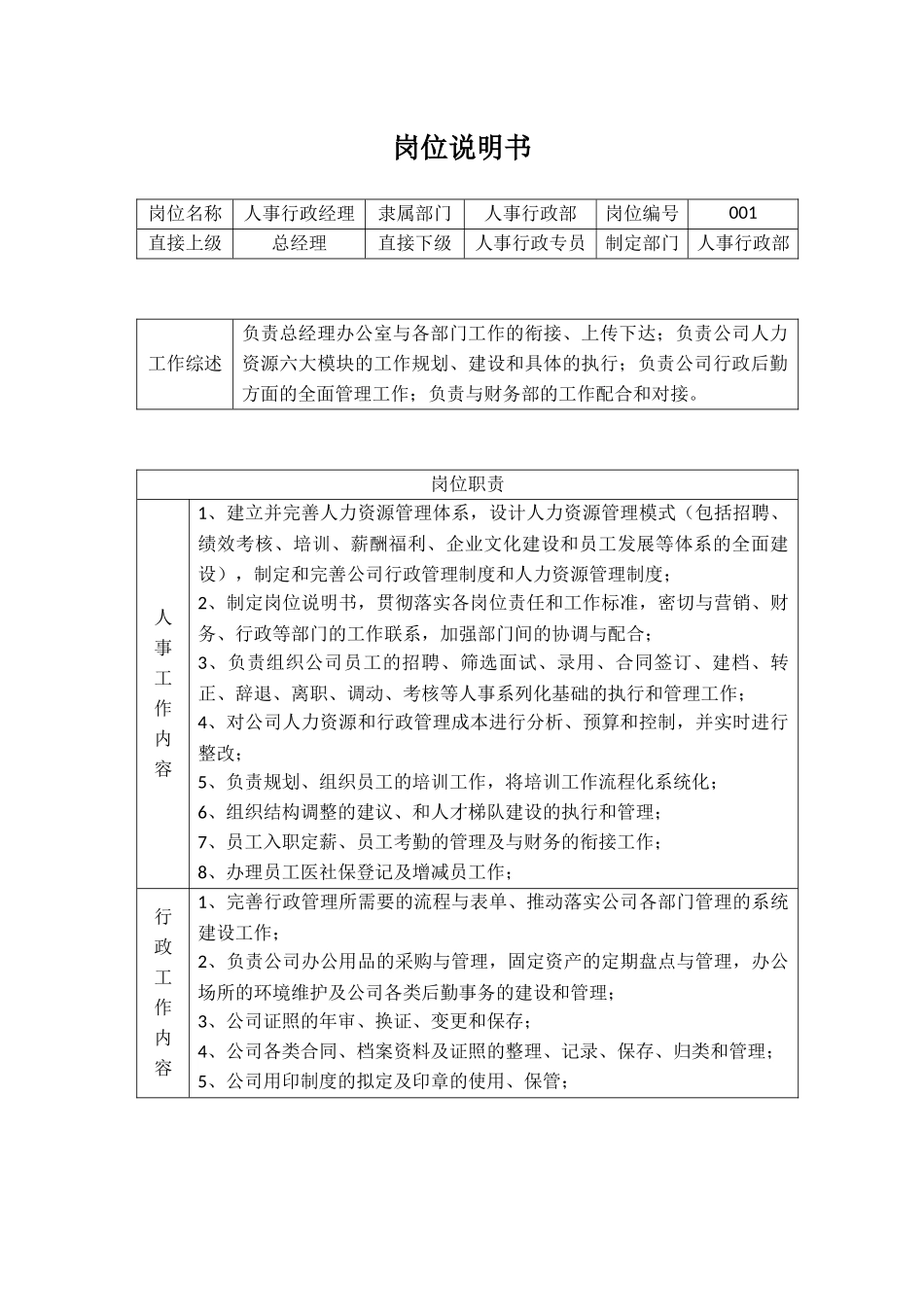 人事行政经理岗位说明书_第1页