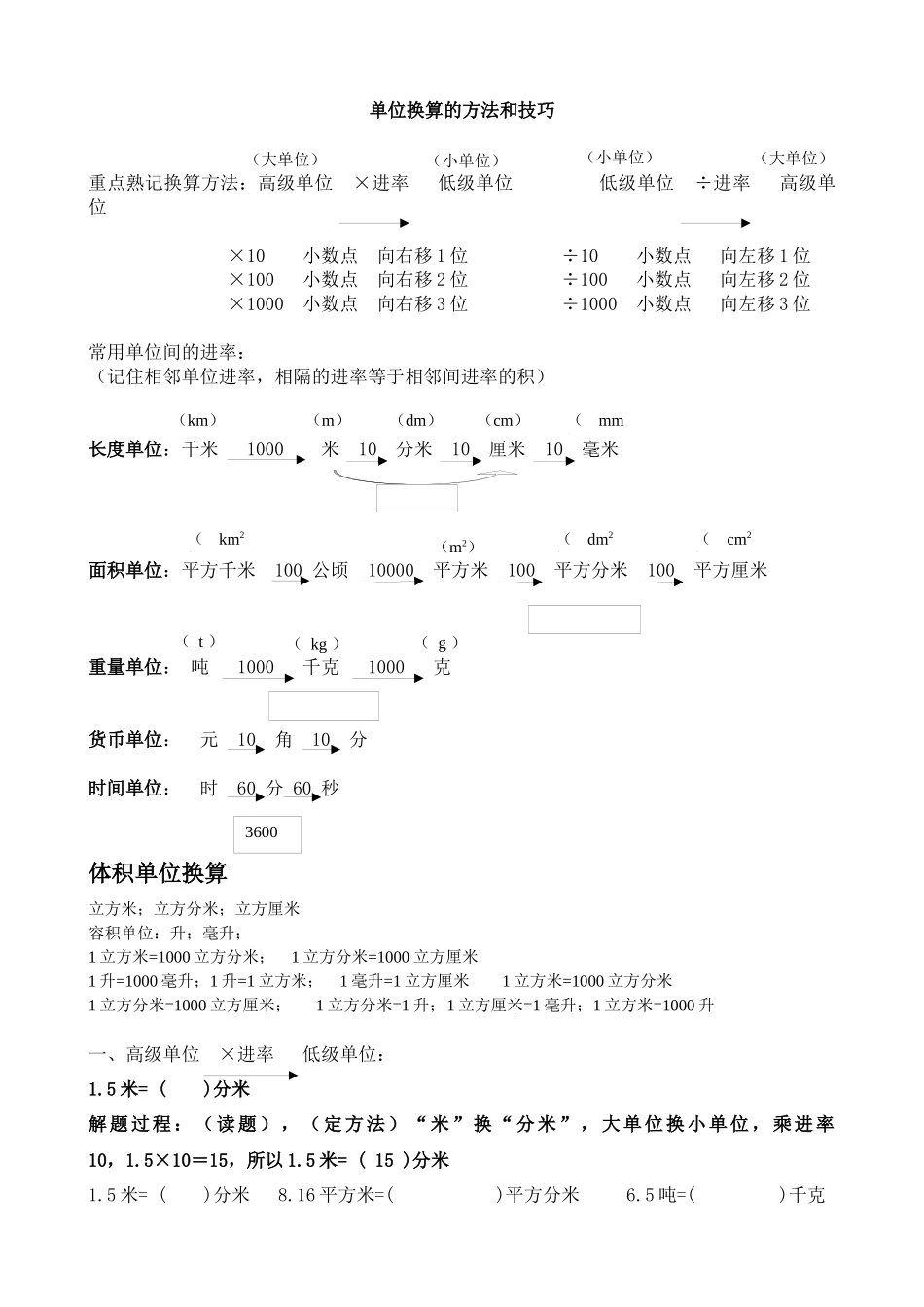 小学单位换算的方法和技巧大全(最新)_第1页