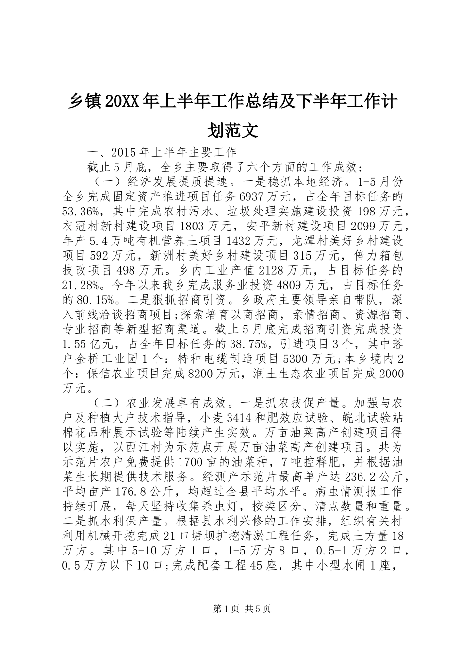 乡镇20XX年上半年工作总结及下半年工作计划范文_第1页