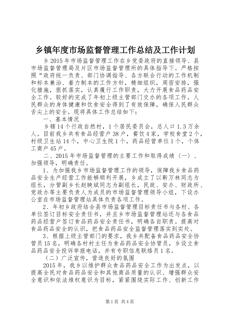 乡镇年度市场监督管理工作总结及工作计划 _第1页