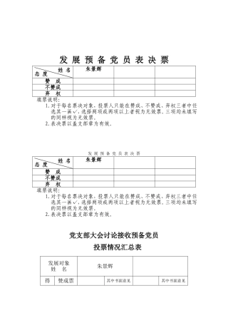 发展预备党员表决票、党支部大会讨论接收预备党员投票情况汇总表