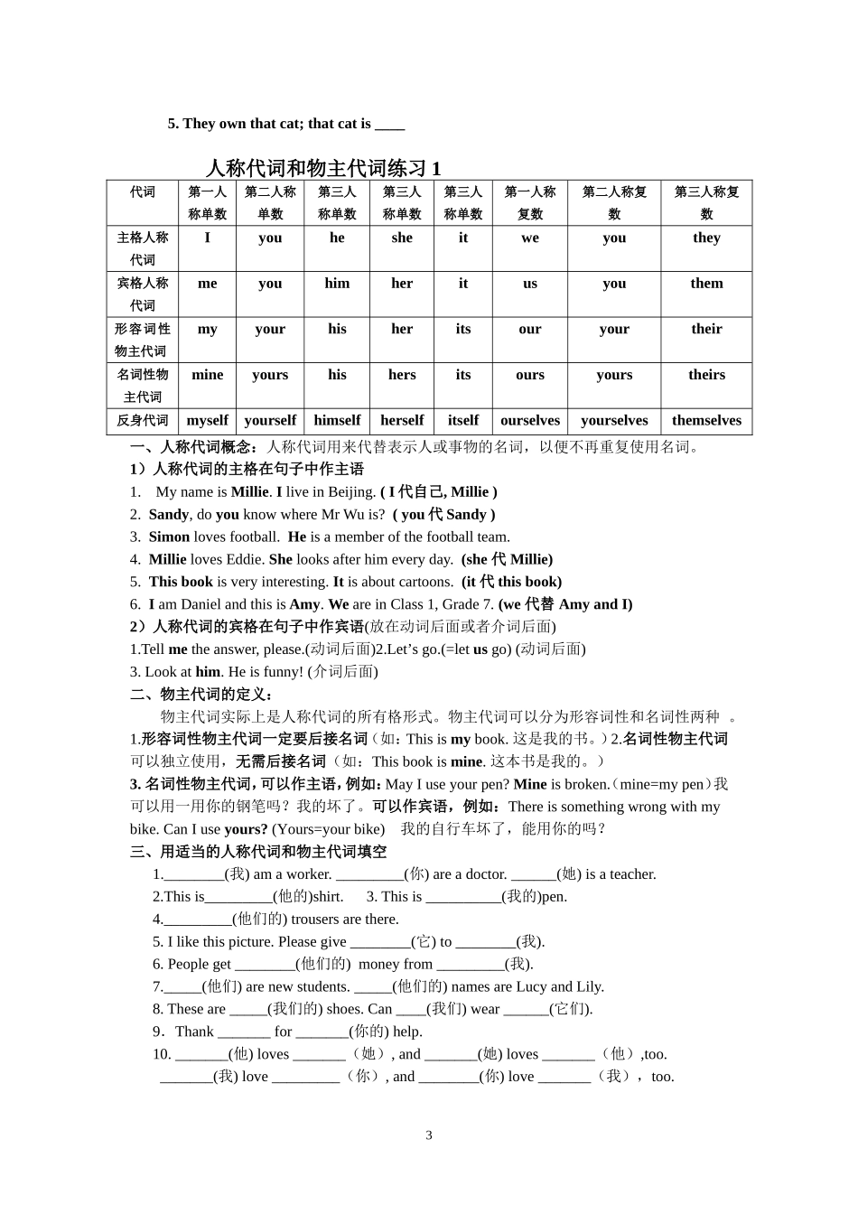 主格宾格、物主代词讲解及练习(最新)总结真好_第3页