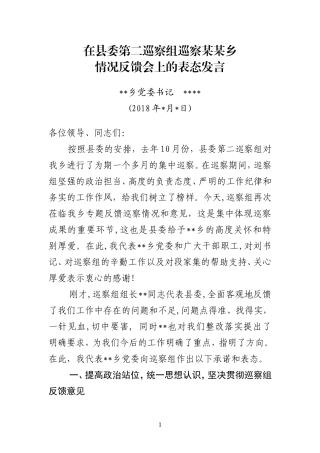 在县委巡察情况反馈会上的表态发言