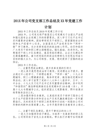 201X年公司党支部工作总结及XX年党建工作计划
