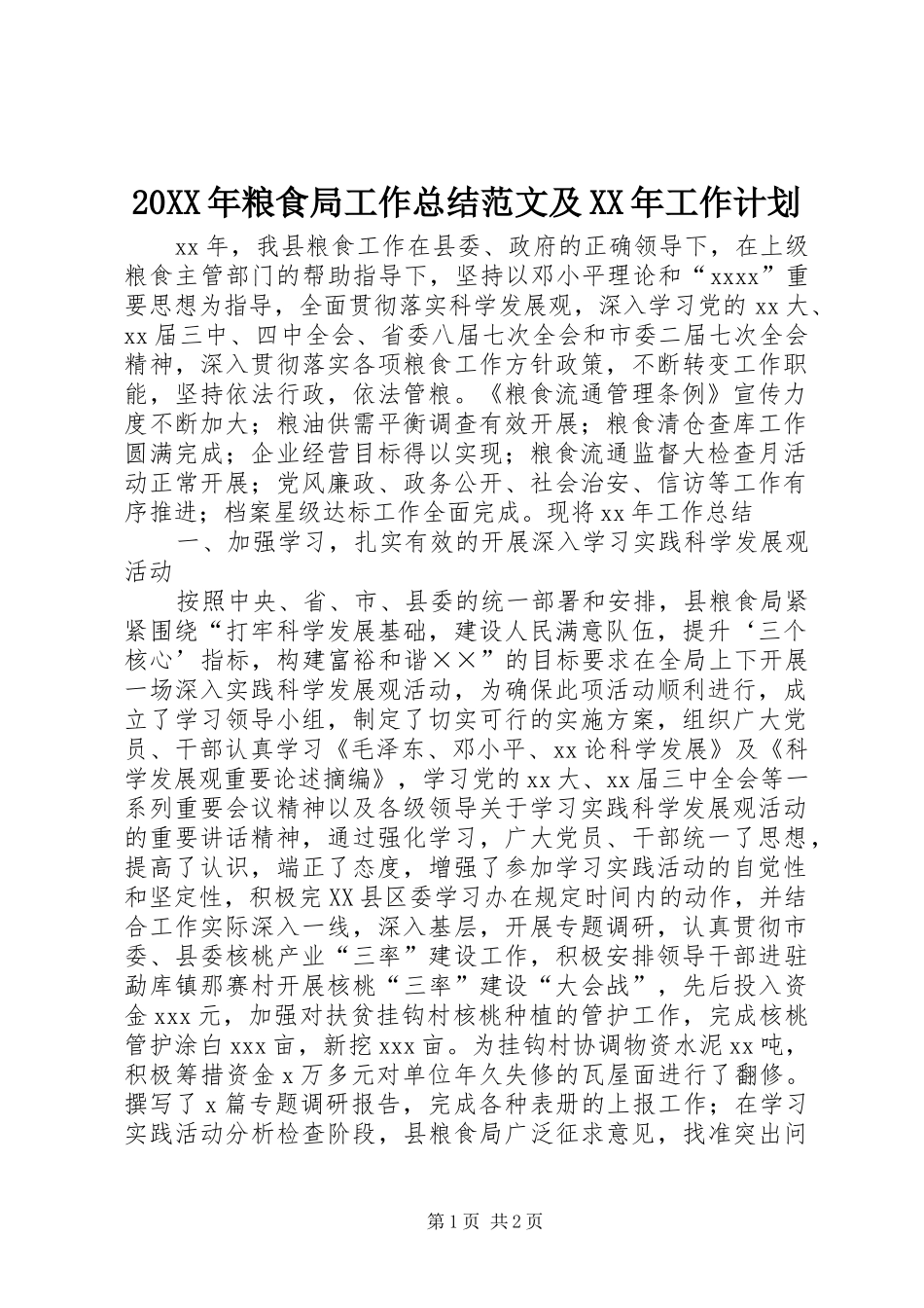 20XX年粮食局工作总结范文及XX年工作计划 _第1页