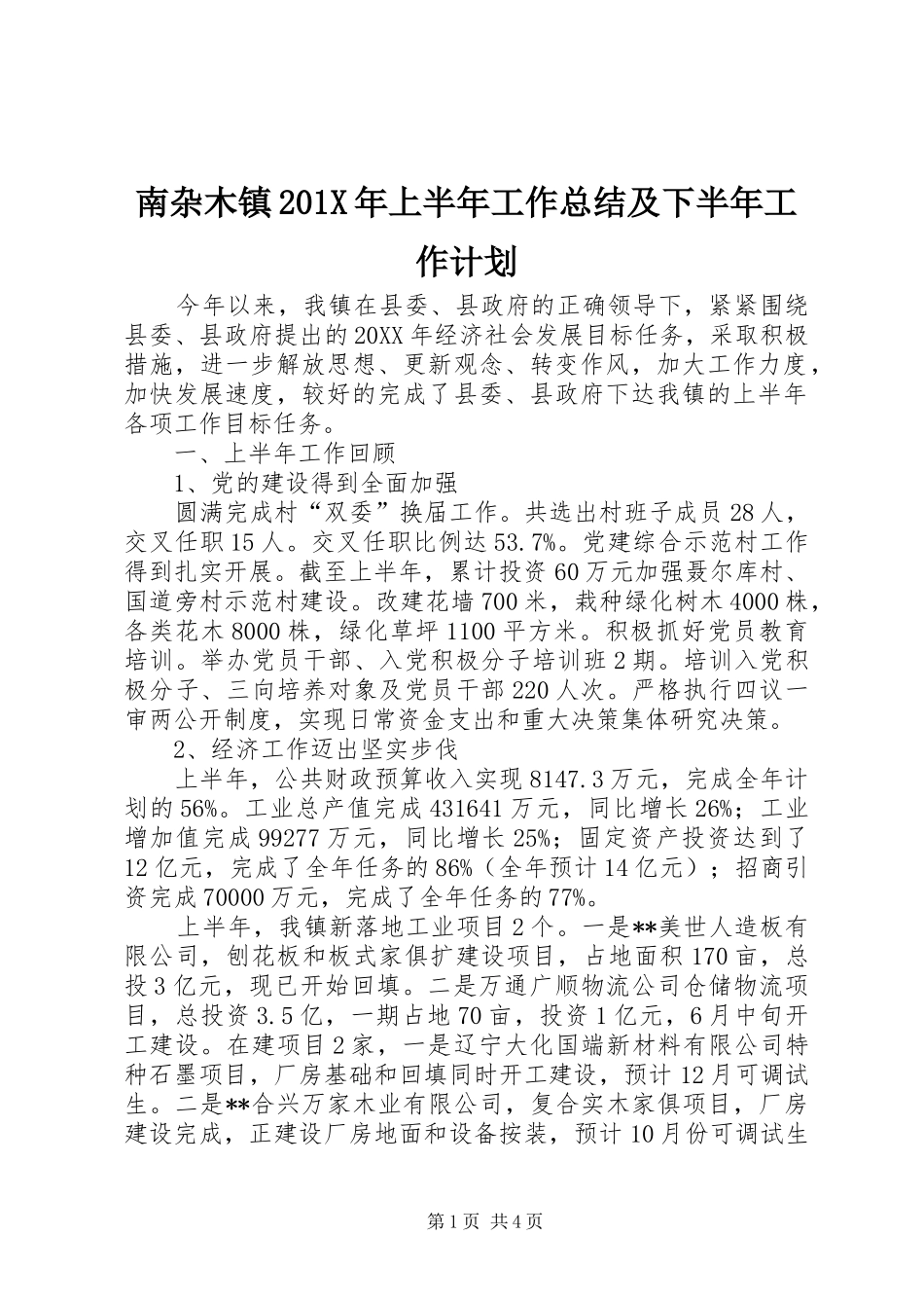 南杂木镇201X年上半年工作总结及下半年工作计划_第1页