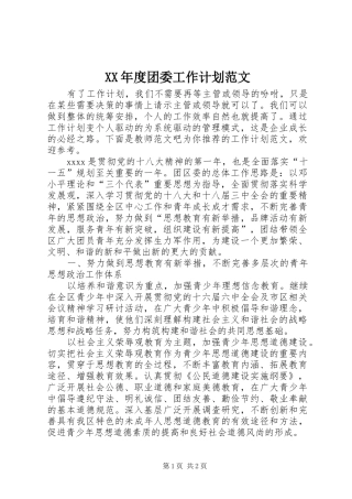 XX年度团委工作计划范文 