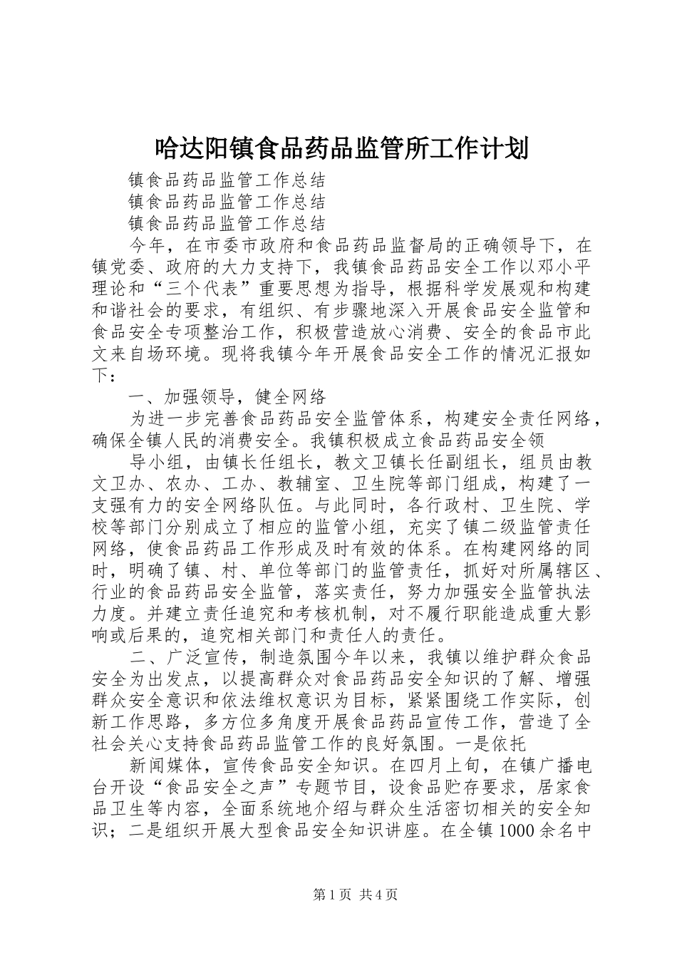哈达阳镇食品药品监管所工作计划 _第1页