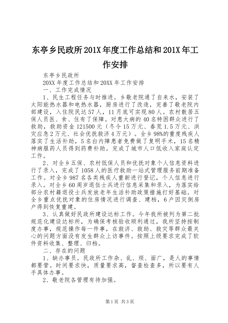 东亭乡民政所201X年度工作总结和201X年工作安排_第1页