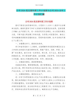 公司2024党支部年度工作计划表与公司2024全年工作计划汇编
