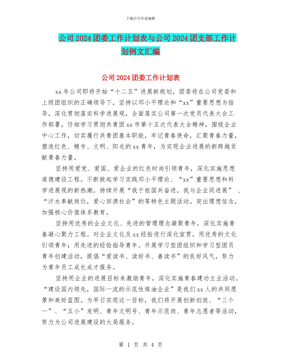 公司2024团委工作计划表与公司2024团支部工作计划例文汇编_第1页