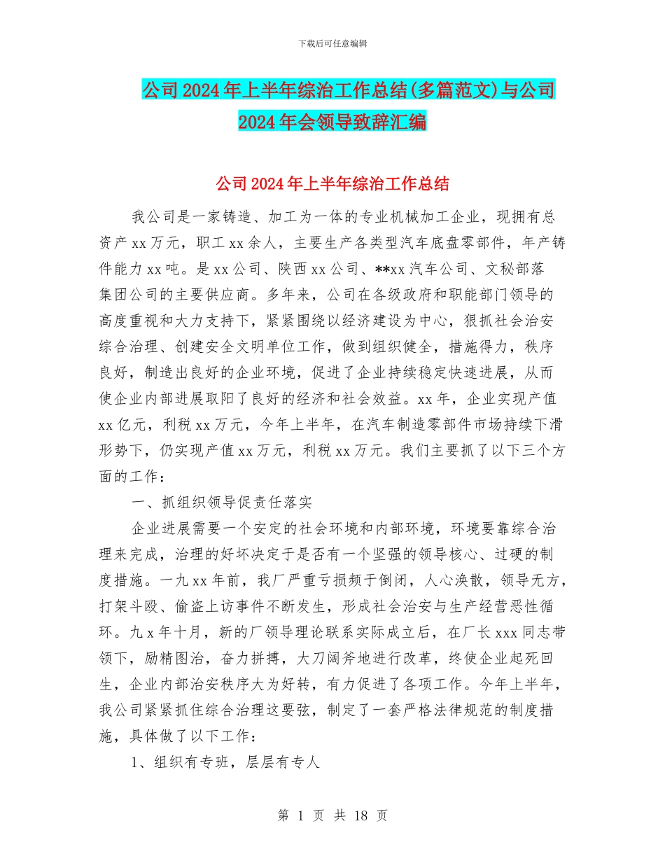 公司2024年上半年综治工作总结与公司2024年会领导致辞汇编_第1页