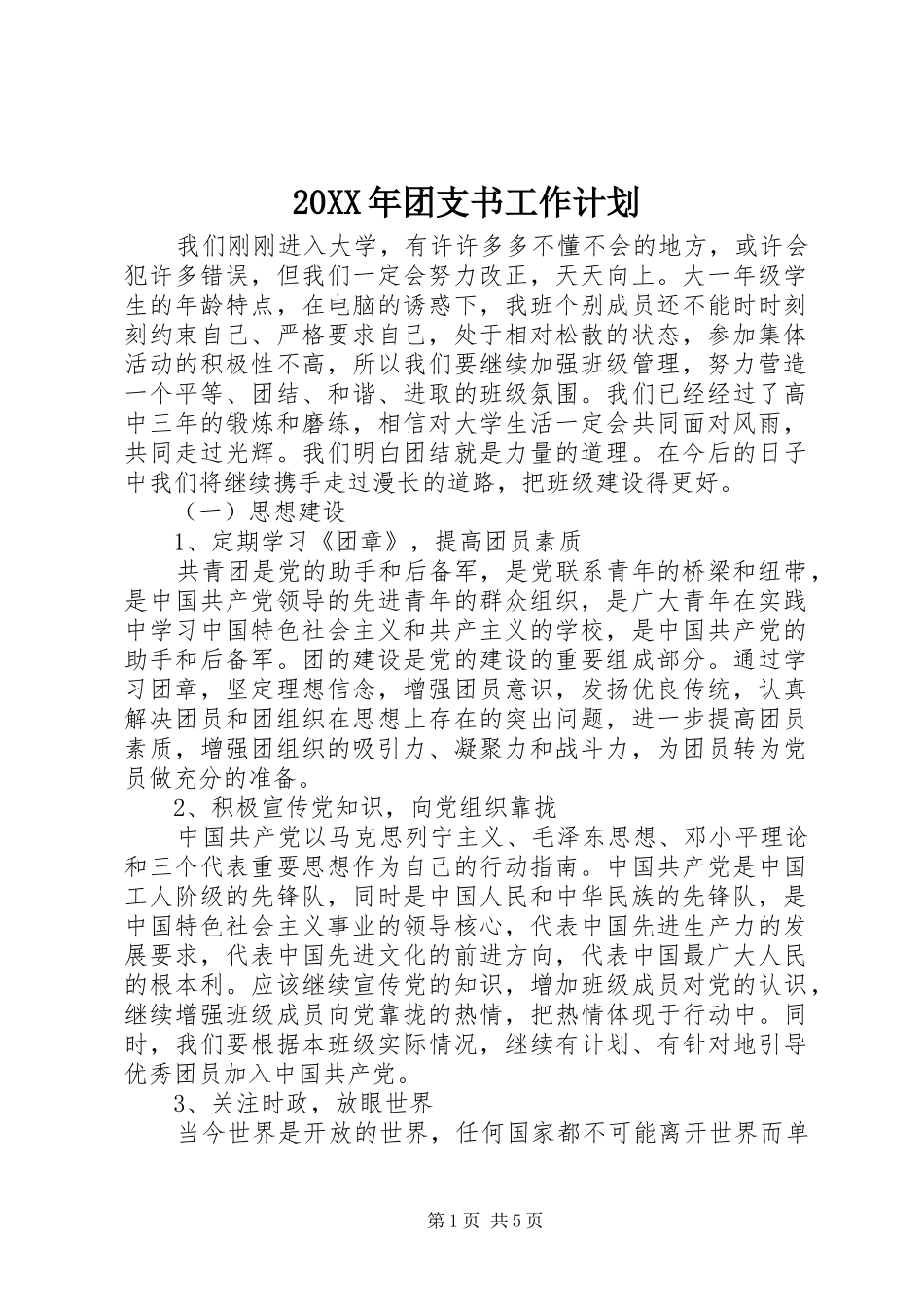 20XX年团支书工作计划_第1页