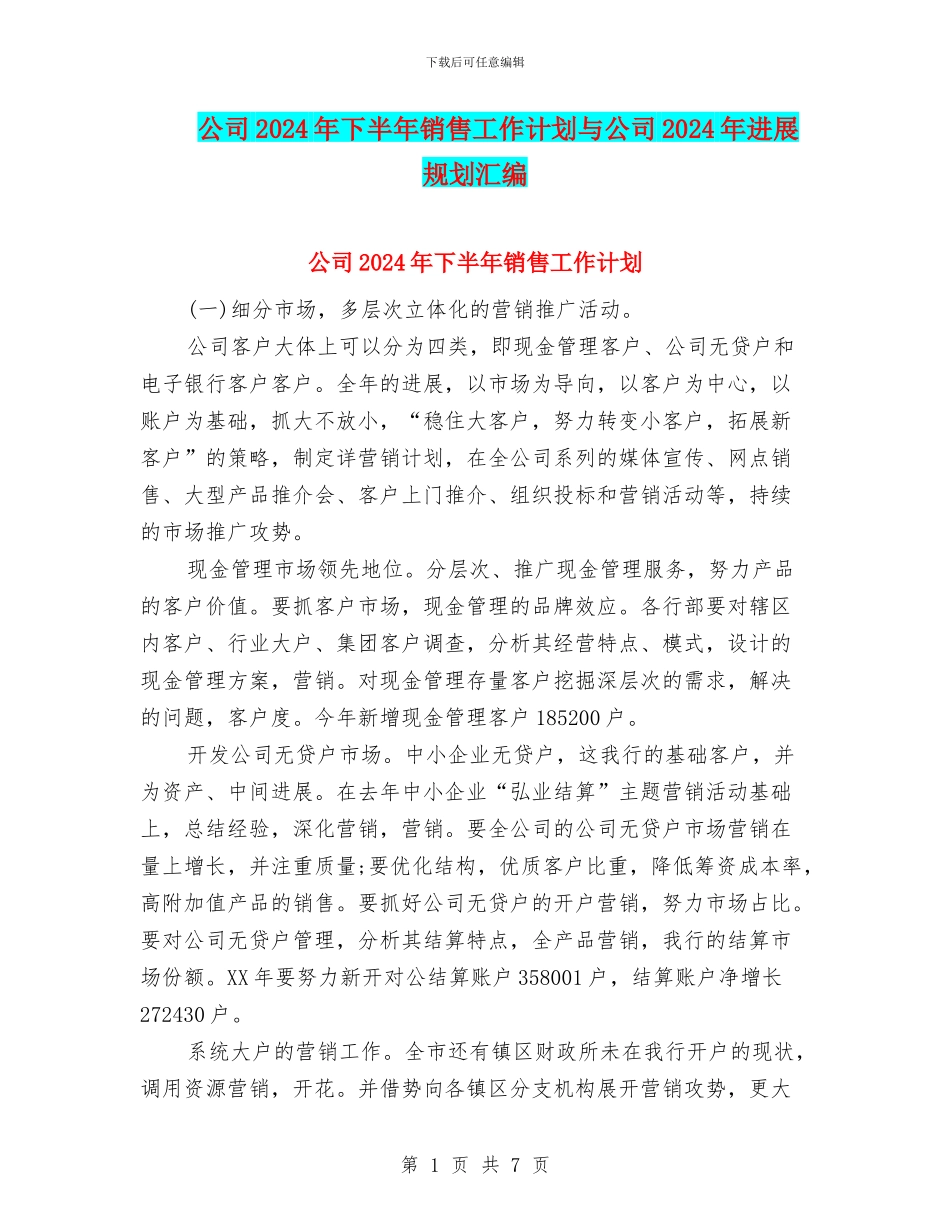 公司2024年下半年销售工作计划与公司2024年发展规划汇编_第1页
