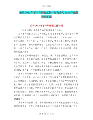公司2024年下半年销售工作计划与公司2024年发展规划汇编