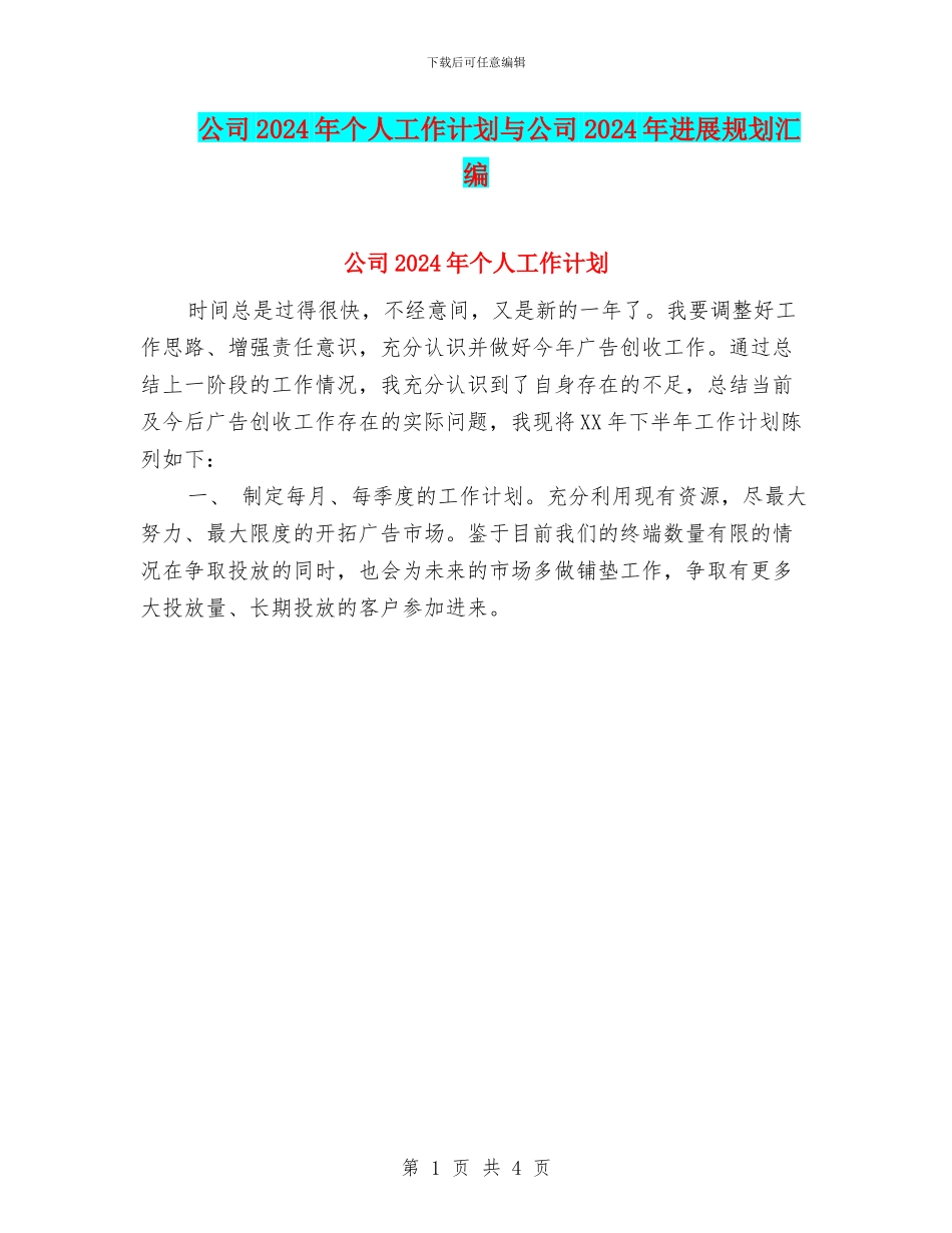 公司2024年个人工作计划与公司2024年发展规划汇编_第1页