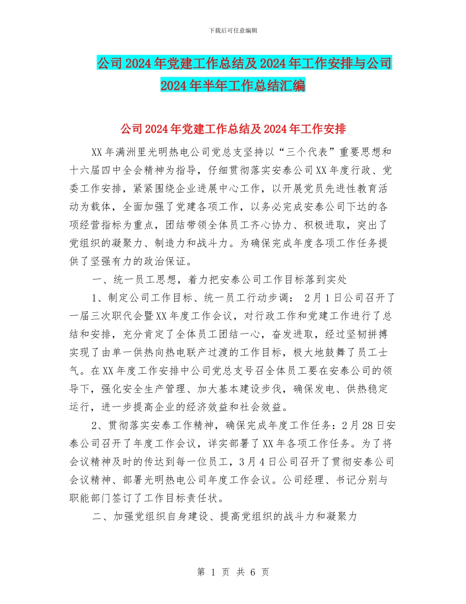 公司2024年党建工作总结及2024年工作安排与公司2024年半年工作总结汇编_第1页