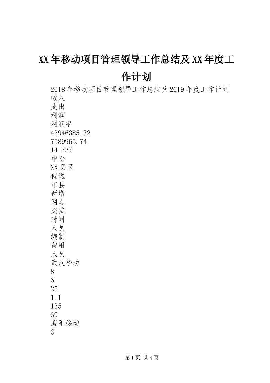 XX年移动项目管理领导工作总结及XX年度工作计划 _第1页