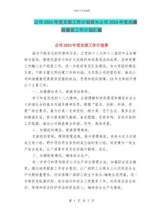 公司2024年党支部工作计划表与公司2024年党风廉政建设工作计划汇编