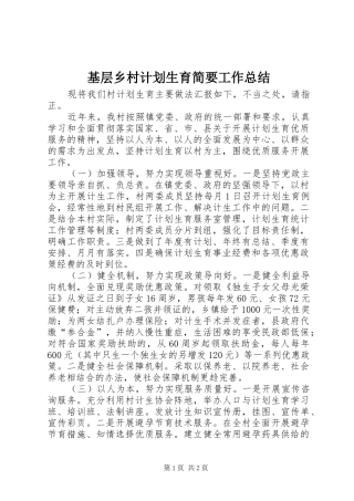 基层乡村计划生育简要工作总结 