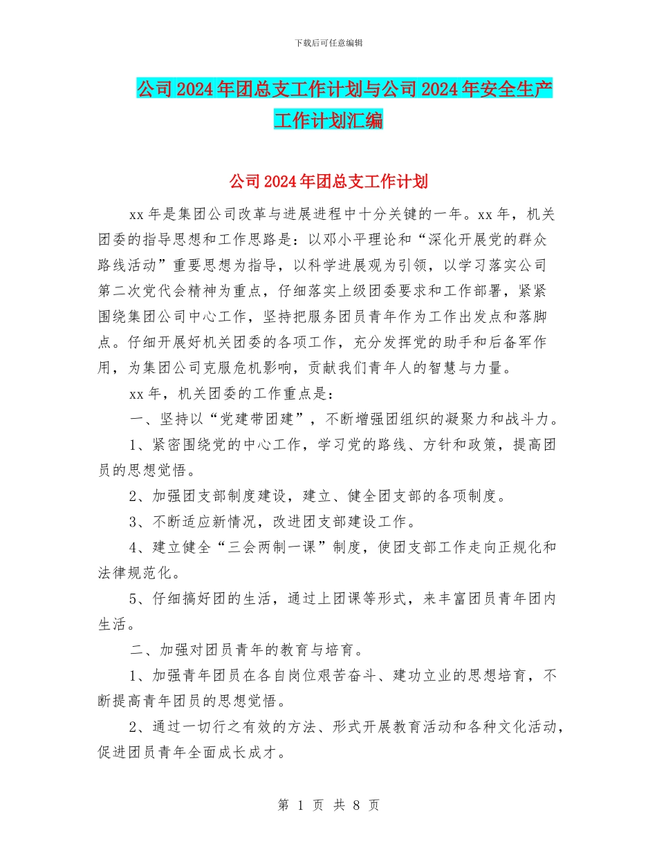 公司2024年团总支工作计划与公司2024年安全生产工作计划汇编_第1页