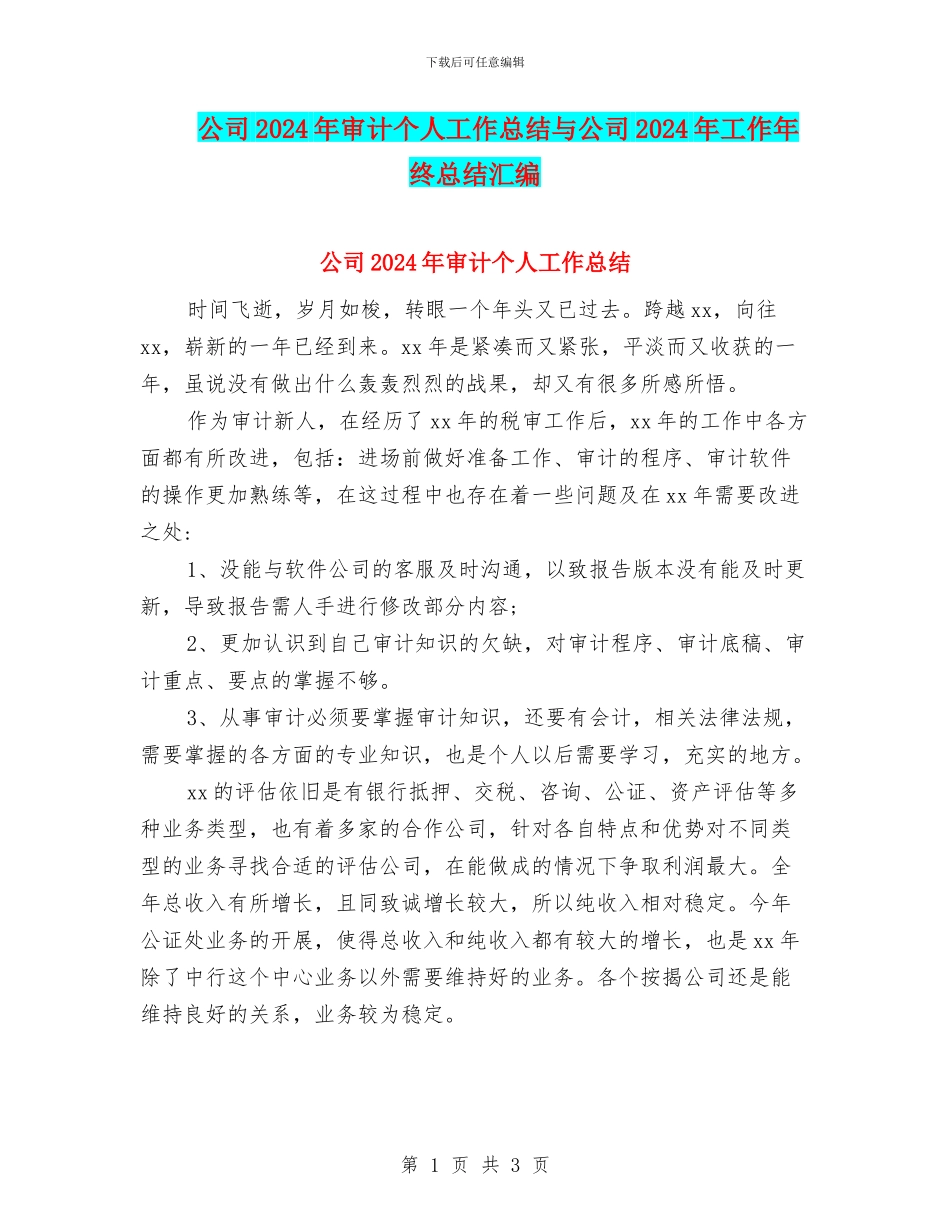 公司2024年审计个人工作总结与公司2024年工作年终总结汇编_第1页