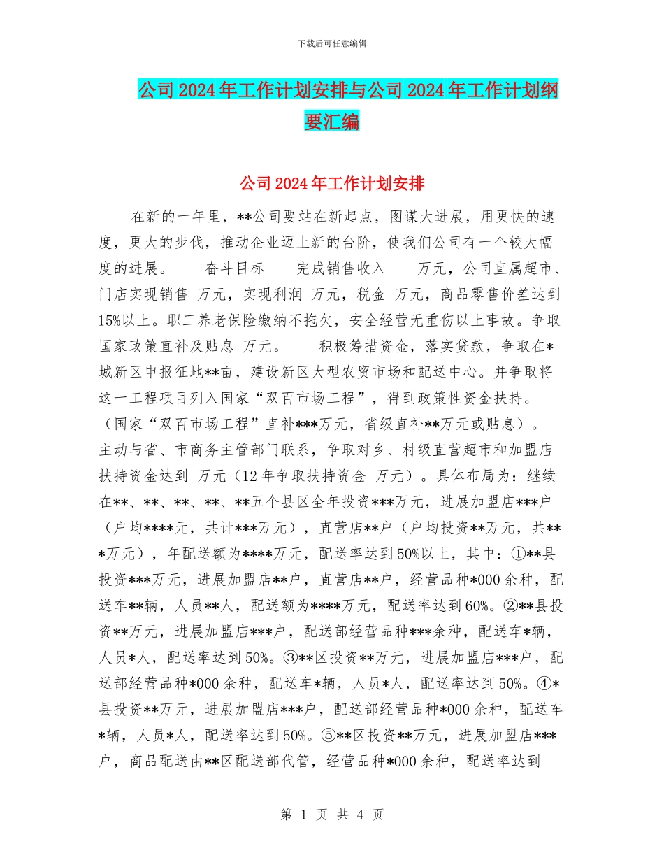 公司2024年工作计划安排与公司2024年工作计划纲要汇编_第1页