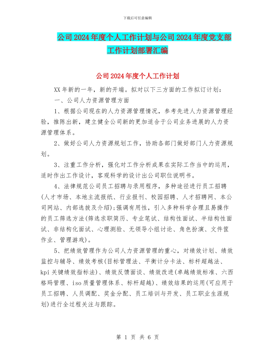 公司2024年度个人工作计划与公司2024年度党支部工作计划部署汇编_第1页