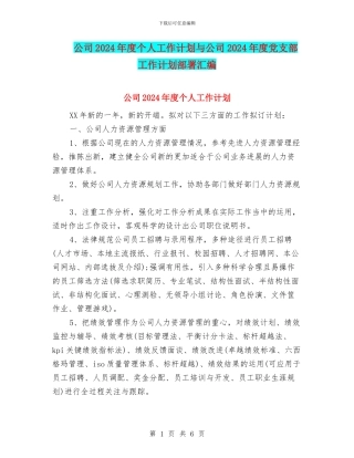 公司2024年度个人工作计划与公司2024年度党支部工作计划部署汇编
