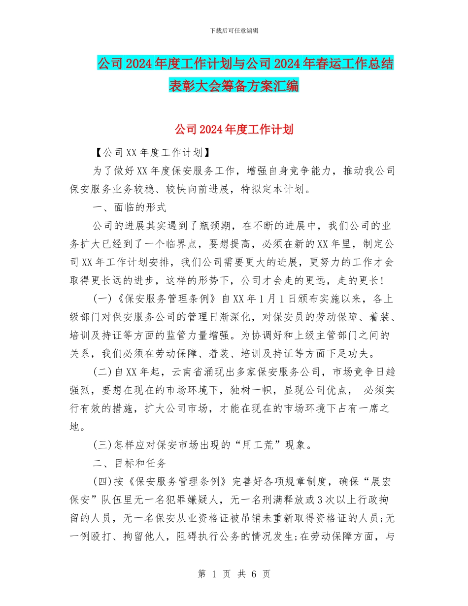 公司2024年度工作计划与公司2024年春运工作总结表彰大会筹备方案汇编_第1页