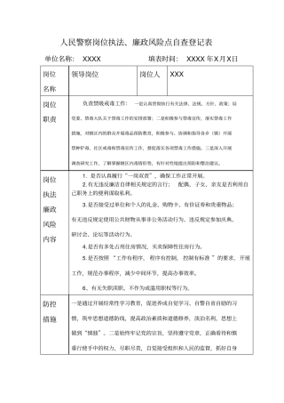 人民警察岗位执法廉政风险点自查登记表