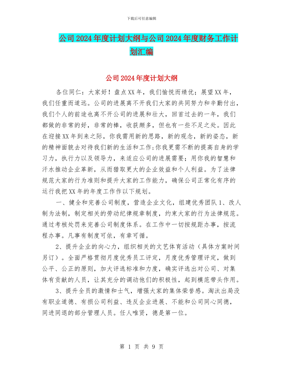 公司2024年度计划大纲与公司2024年度财务工作计划汇编_第1页