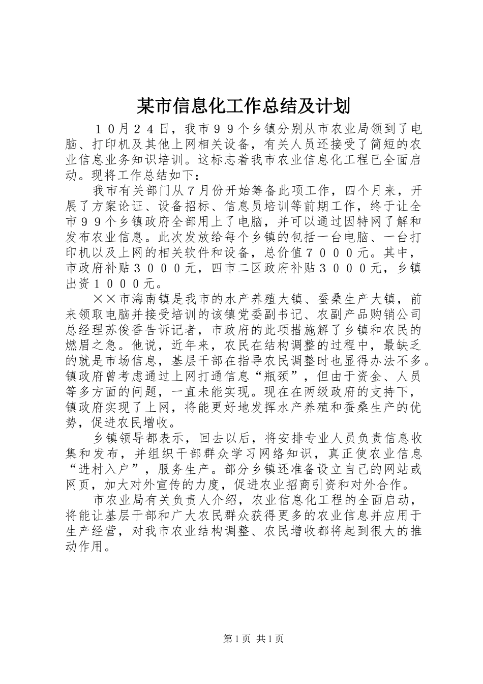 某市信息化工作总结及计划 _第1页