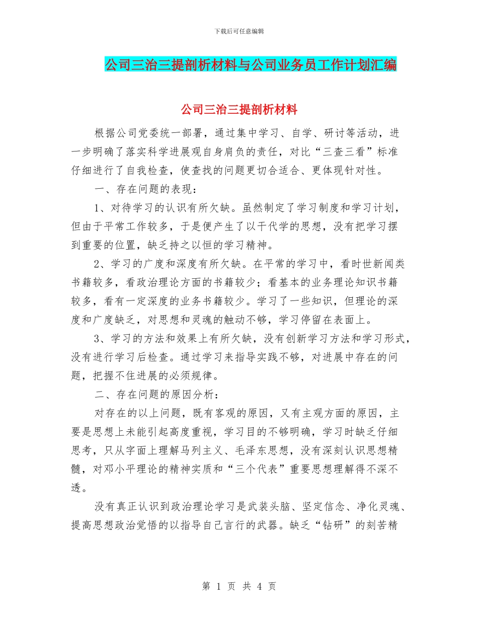 公司三治三提剖析材料与公司业务员工作计划汇编_第1页