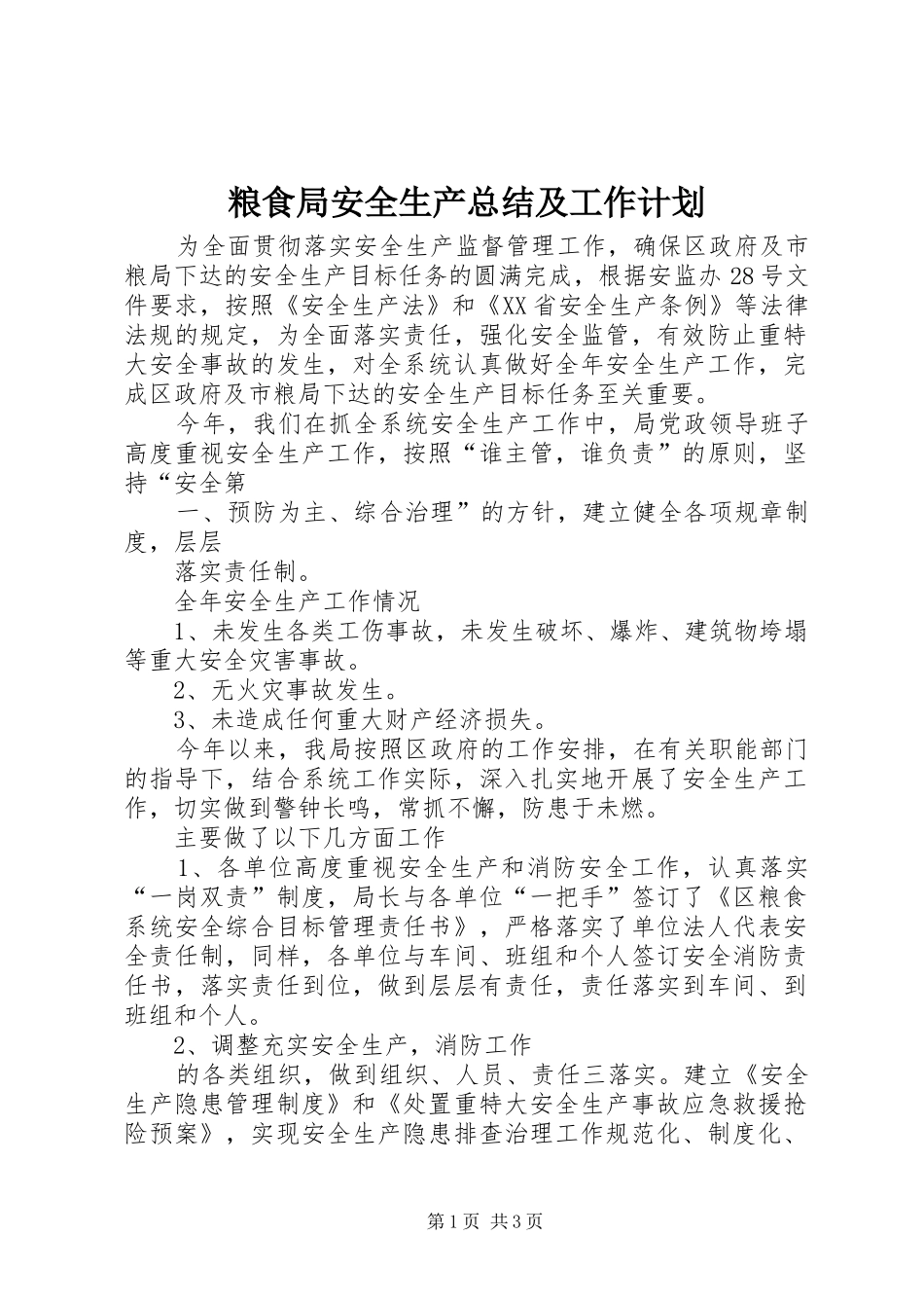 粮食局安全生产总结及工作计划 _第1页