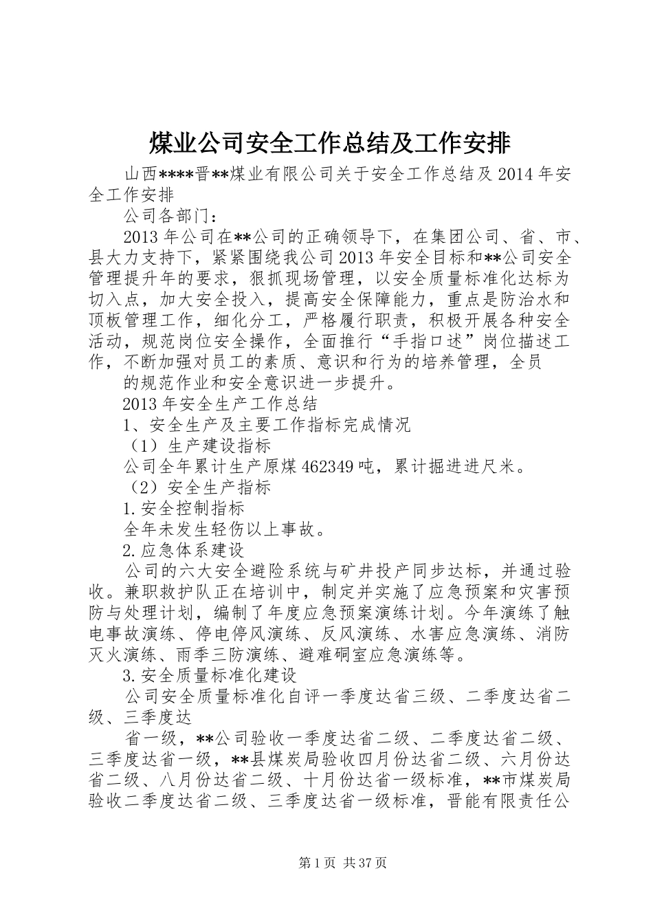 煤业公司安全工作总结及工作安排 _第1页