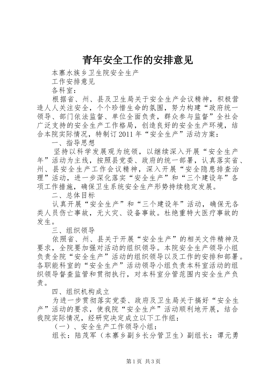 青年安全工作的安排意见 _第1页