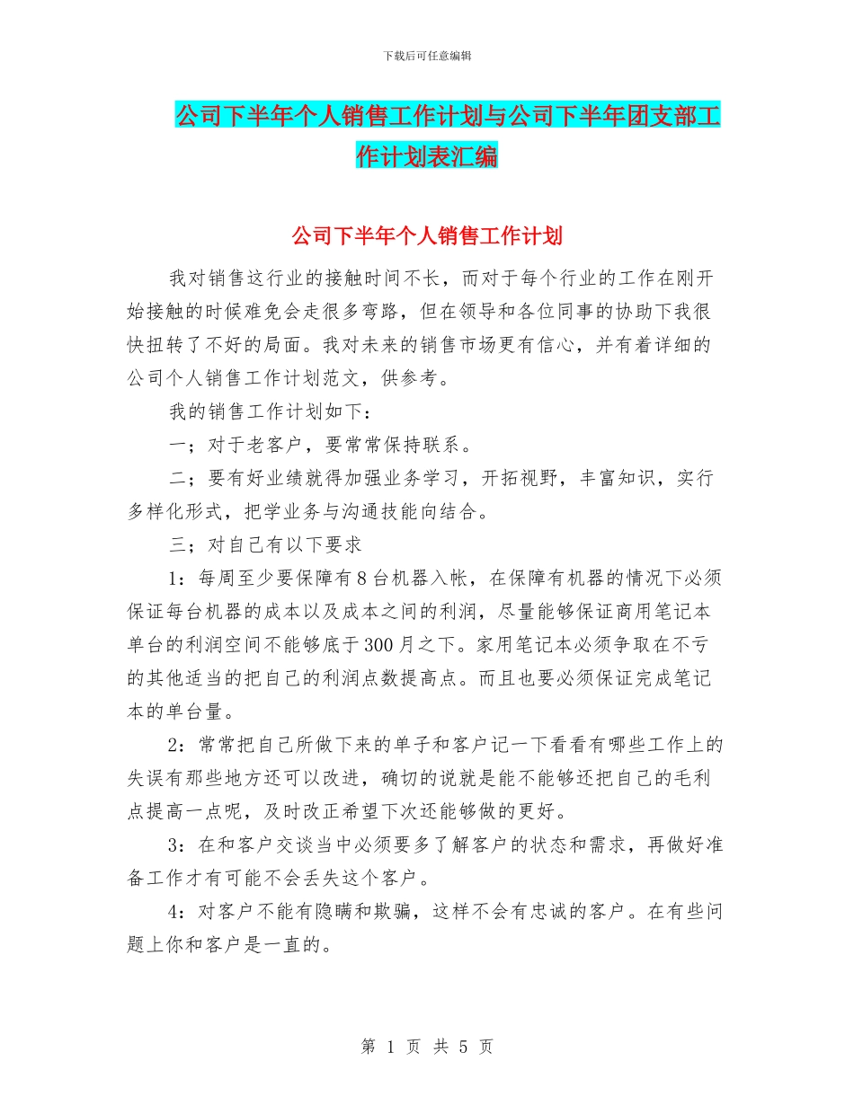 公司下半年个人销售工作计划与公司下半年团支部工作计划表汇编_第1页