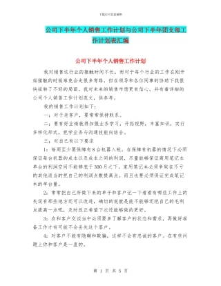 公司下半年个人销售工作计划与公司下半年团支部工作计划表汇编