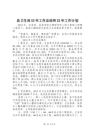 县卫生局XX年工作总结和XX年工作计划 