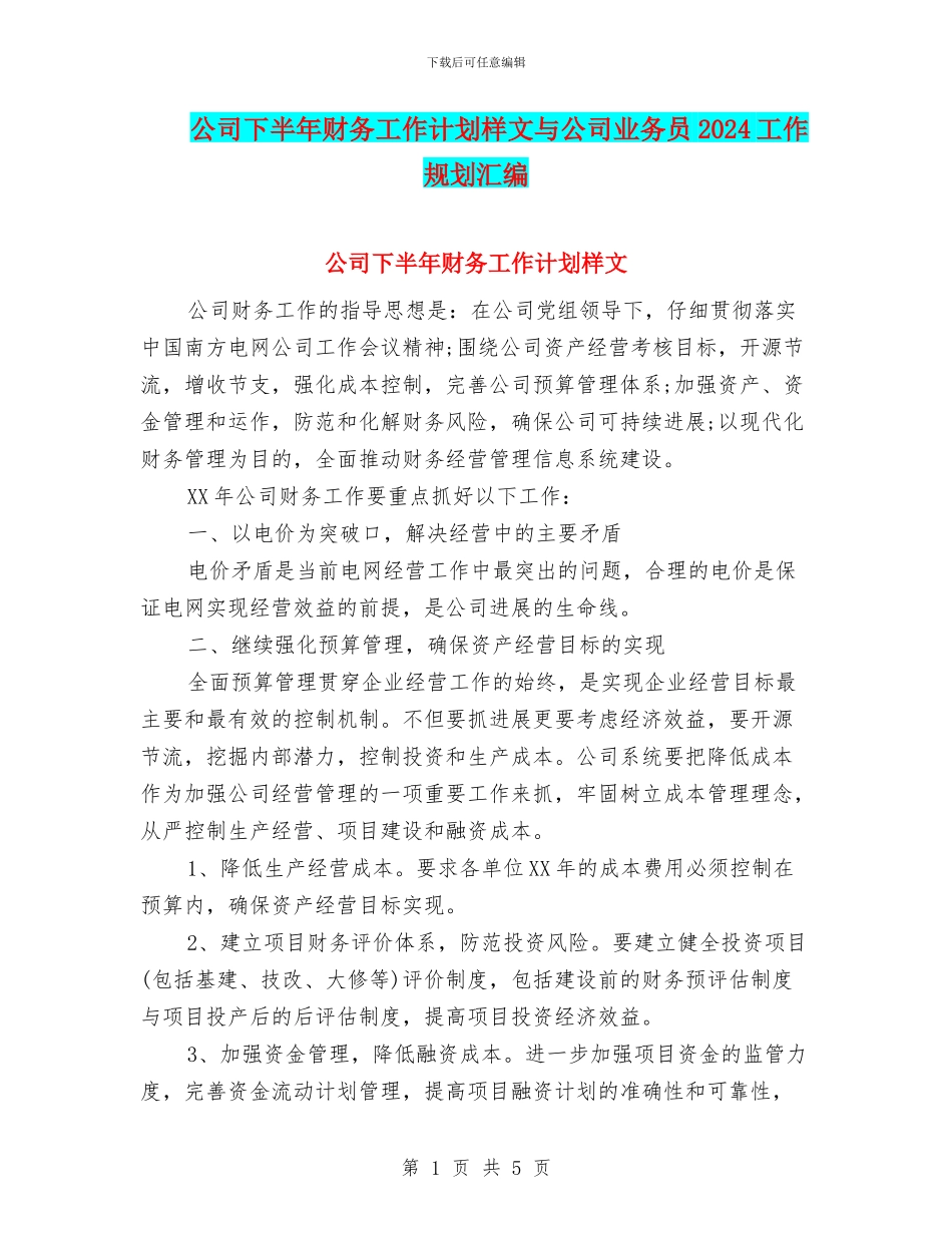公司下半年财务工作计划样文与公司业务员2024工作规划汇编_第1页