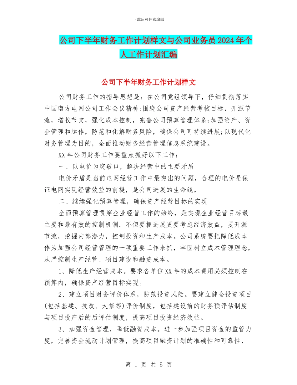 公司下半年财务工作计划样文与公司业务员2024年个人工作计划汇编_第1页