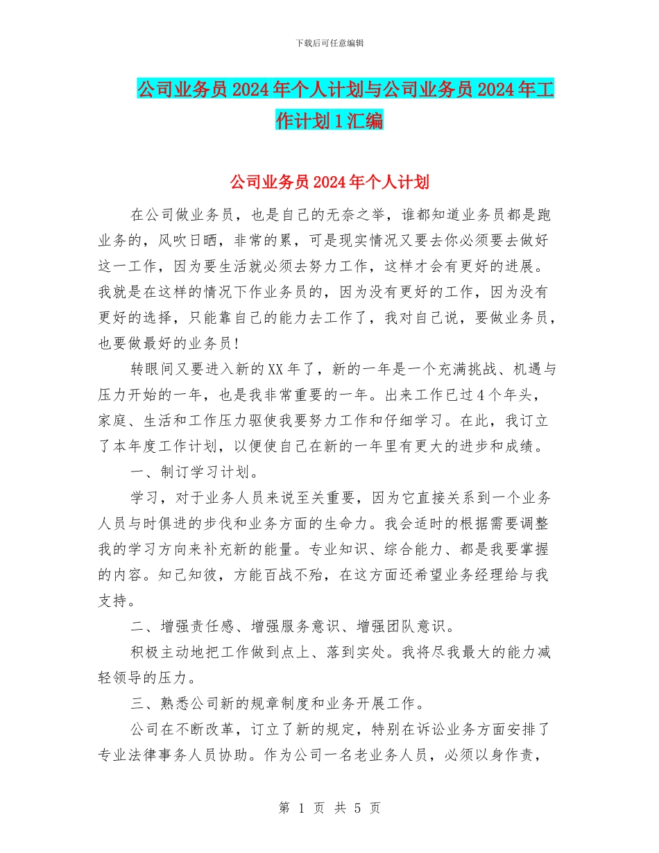 公司业务员2024年个人计划与公司业务员2024年工作计划1汇编_第1页