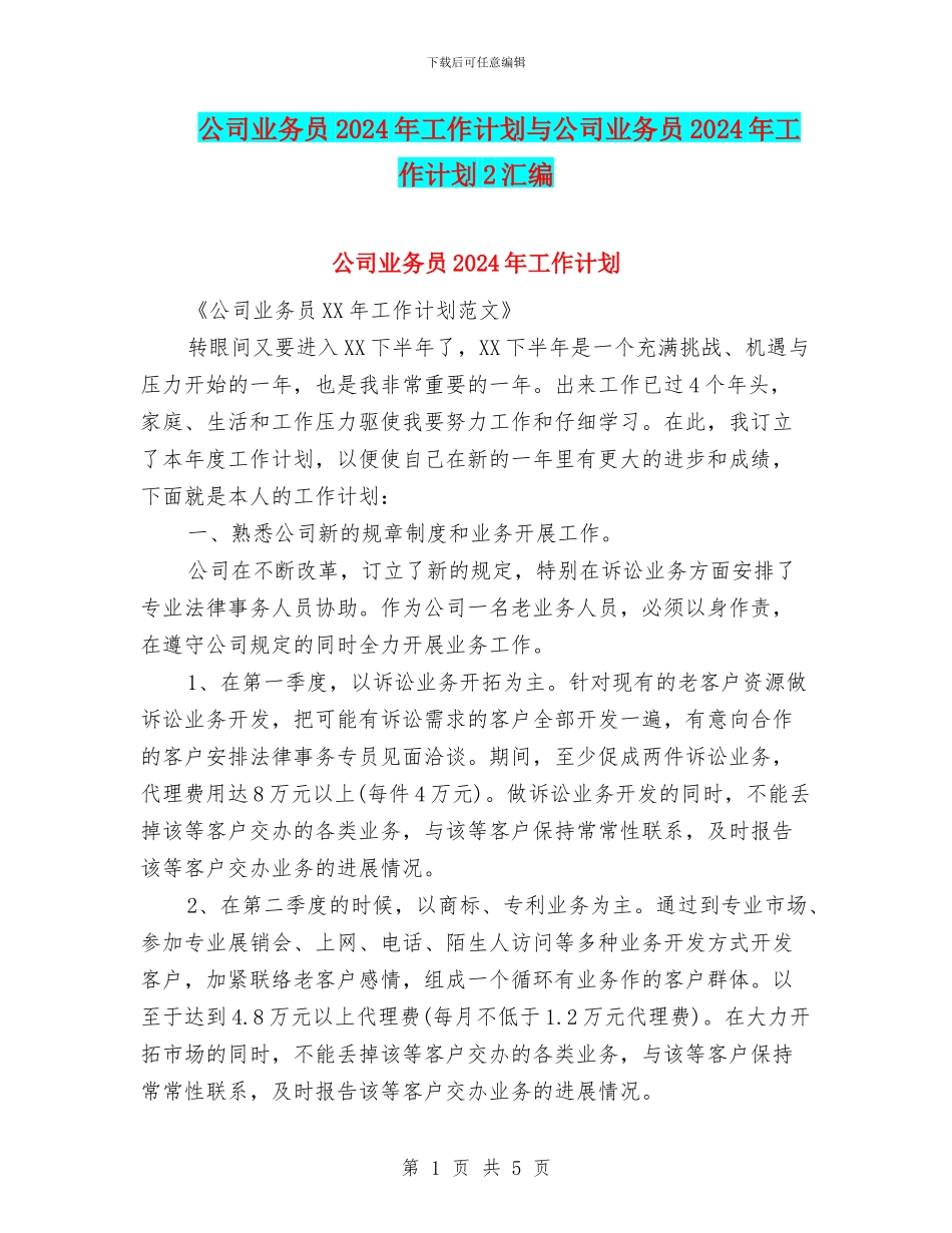 公司业务员2024年工作计划与公司业务员2024年工作计划2汇编_第1页